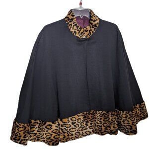 Vintage Dennis Basso Black Faux Leopard Trim Cape